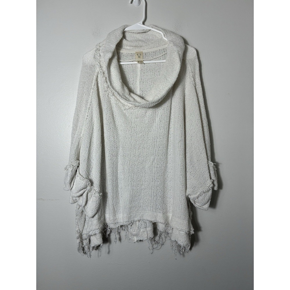 Free People Cowl Neck Knit Poncho With Sleeves Sz Large White Boho Beach